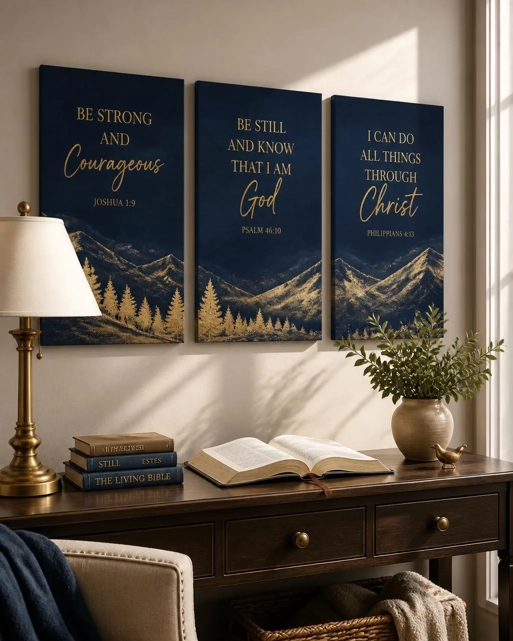 Scripture canvas prints displayed above a console table in warm light